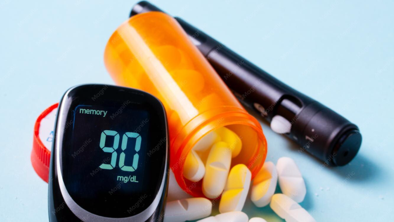 supplement bottle with glucose meter and whole food background