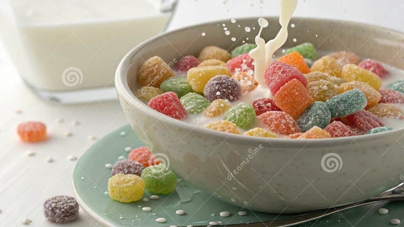 bowl of sugary cereal with milk pouring over it