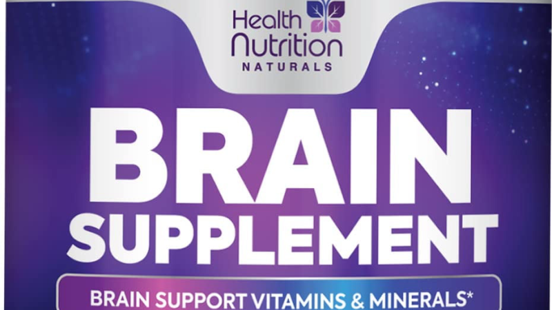 person holding supplement bottle with brain illustration