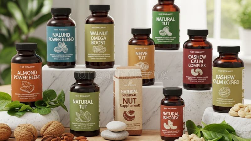 bottles of supplements with natural ingredients icons