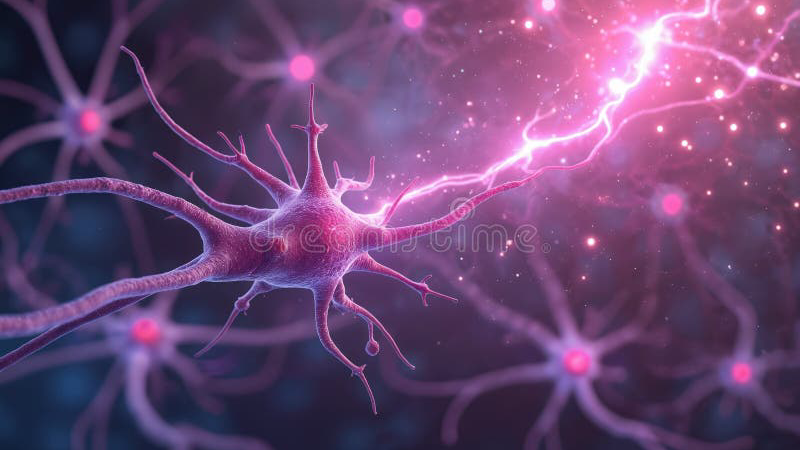 neuron synapse with glowing connections and brain cells