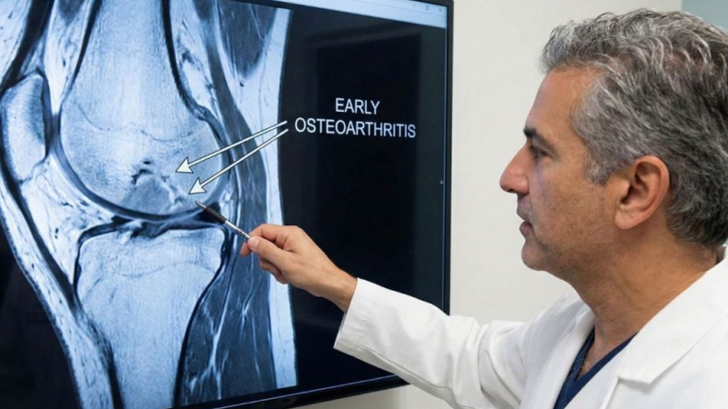 doctor reviewing MRI scan of knee with osteoarthritis