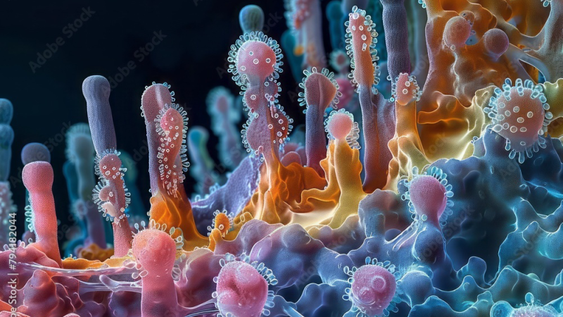 microscopic image of dental biofilm with bacterial clusters