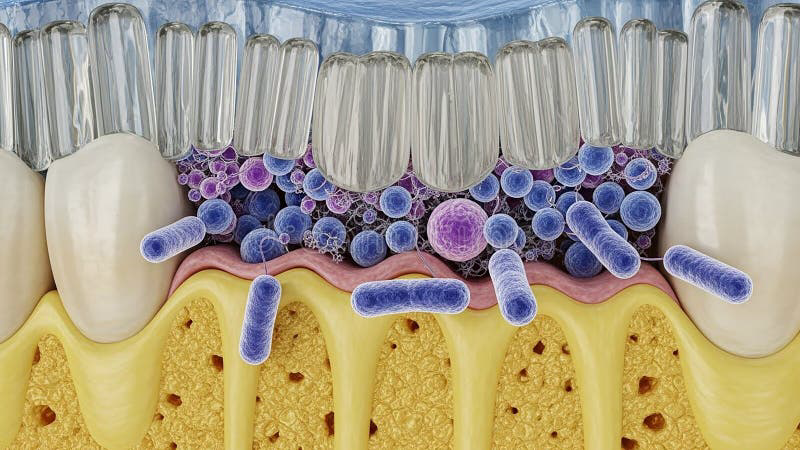 microscopic view of dental plaque bacteria and inflamed gum tissue