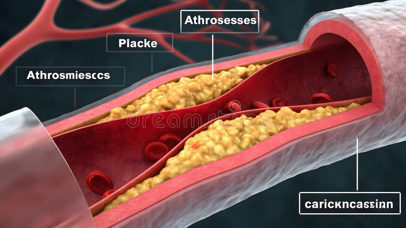 illustration of cross-section of artery with atherosclerotic plaque, showing inflammatory cells