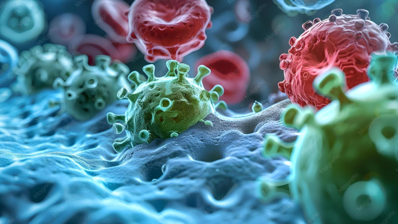 microscopic view of oral bacteria with immune cells labeled