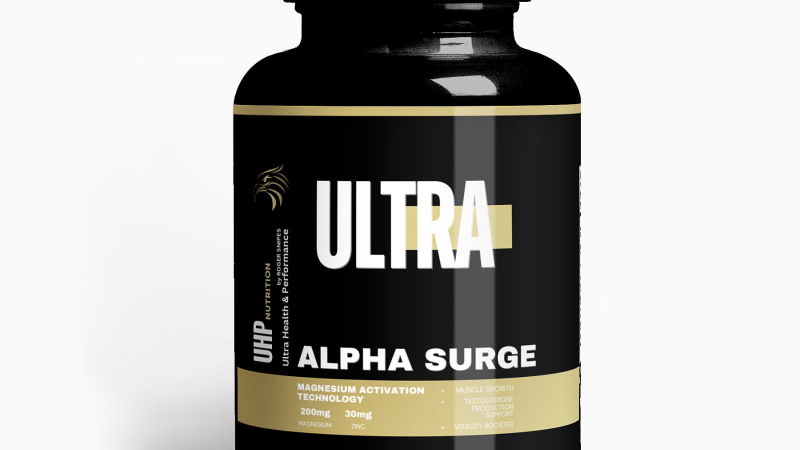 bottle of Alpha Surge supplement and healthy urinary system diagram