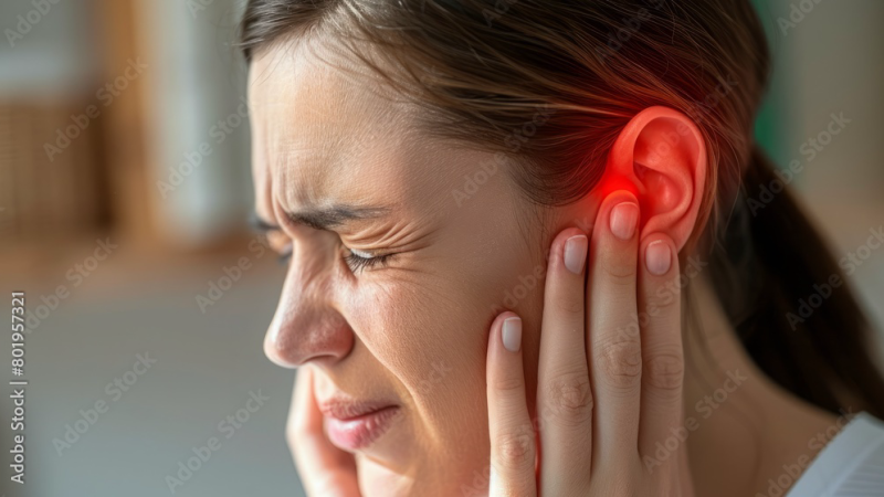 person holding ear in pain expression