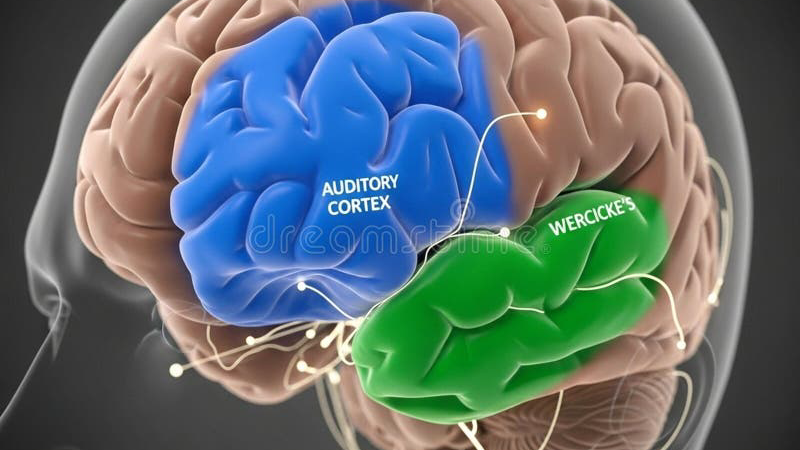 brain auditory cortex highlighted with neural firing patterns