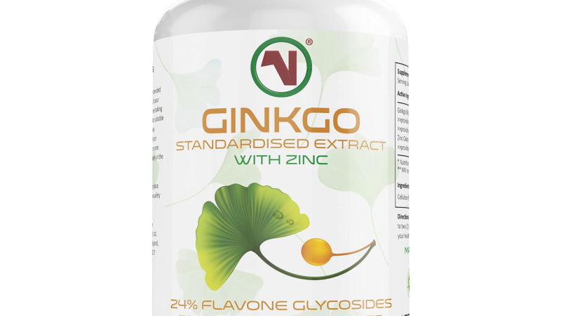 stylized image of Ginkgo biloba leaf, zinc tablets, and vitamin B12 supplement
