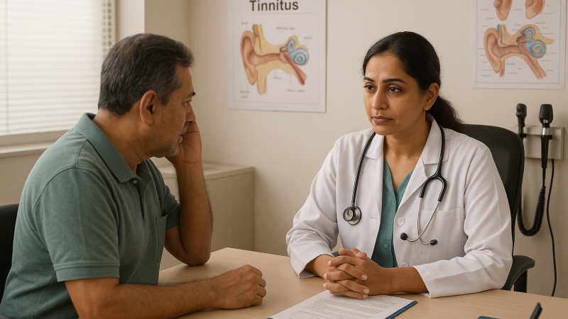 person consulting doctor about medication and tinnitus