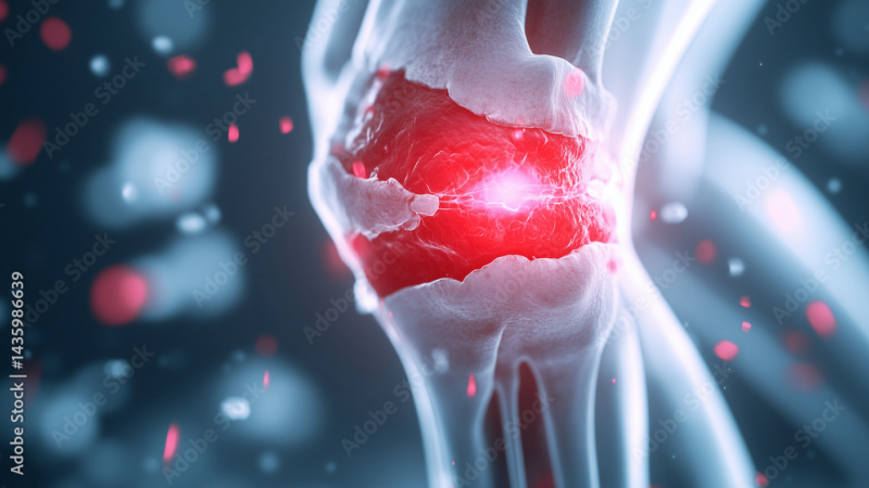 cross-section of knee joint showing synovial fluid and cartilage