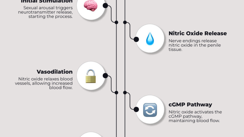flow diagram showing nitric oxide pathway from endothelial cell to smooth muscle relaxation and erection