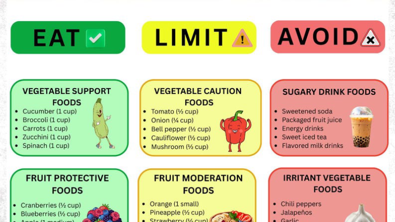 dietary triggers chart with icons for red meat, dairy, spicy foods, caffeine, alcohol