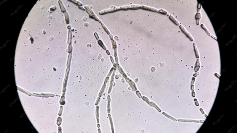 microscopic image of fungal hyphae on nail keratin