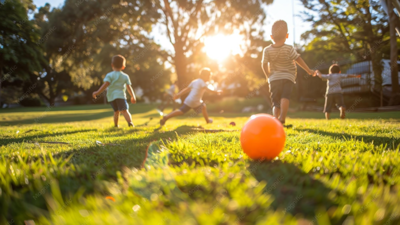 child playing outside in sunlight with green grass