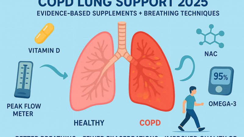 Close-up of respiratory supplement capsules and lungs diagram
