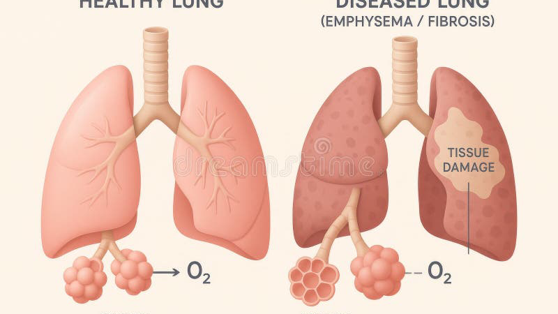 cross-section of healthy vs fibrotic lung alveoli