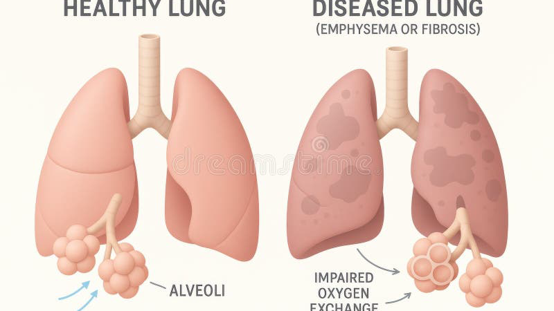 damaged lung tissue with tar deposits compared to healthy alveoli