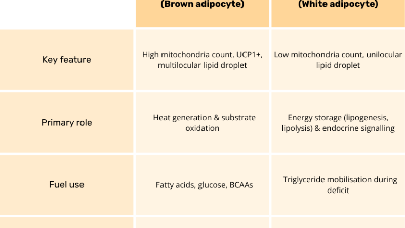 illustration of brown vs white adipocytes with mitochondrial detail