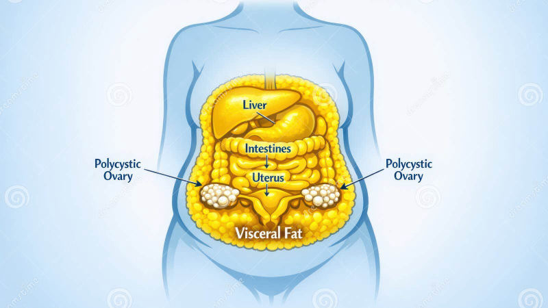 visceral fat accumulation around organs medical illustration