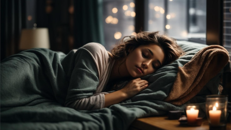 woman sleeping comfortably with thermometer icon overlay