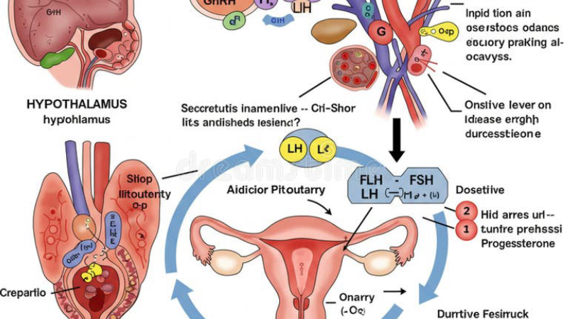 diagram of hypothalamus-pituitary-ovary axis with inositol pathway highlighted