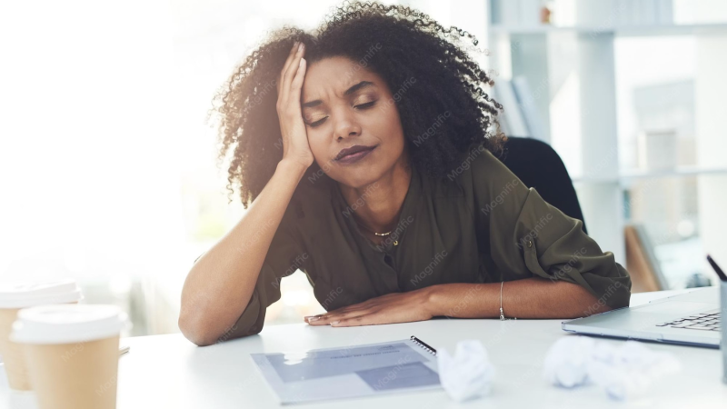woman feeling exhausted at desk holding head