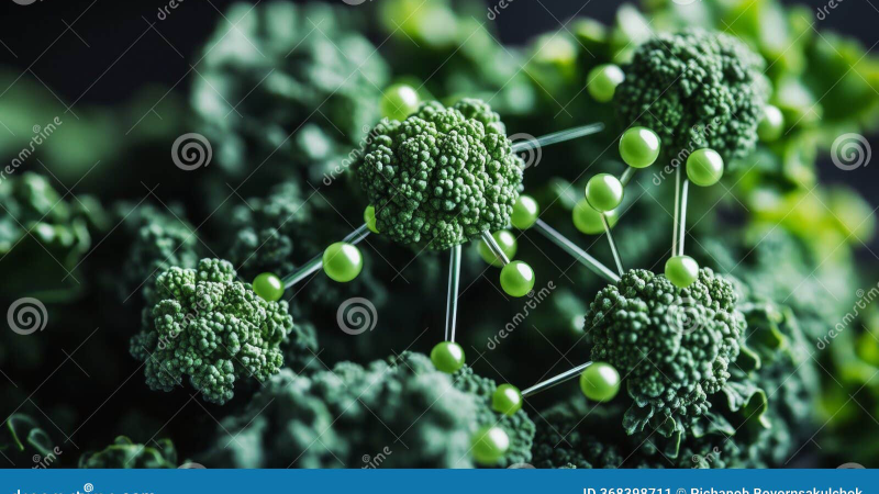 broccoli, kale, and cruciferous vegetables with molecular structures of DIM and glucarate