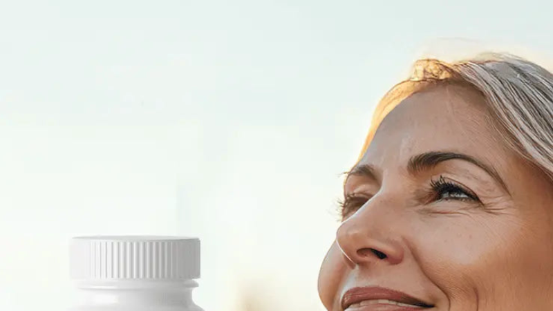 woman in her 50s looking confident, with a supplement bottle on a table