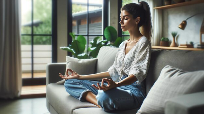 woman meditating or holding tea near window, serene