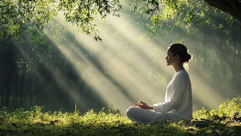 woman sitting peacefully in nature, holding a cup of tea