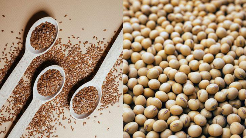soybeans and flaxseeds on wooden table
