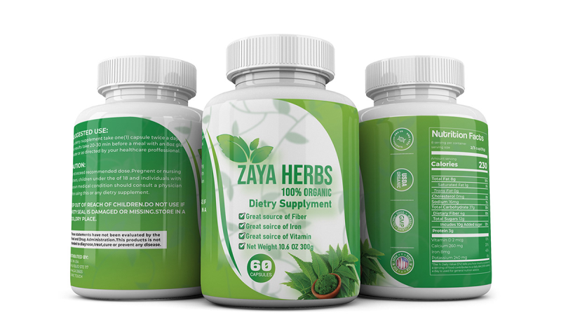 supplement bottle with natural ingredients label graphic