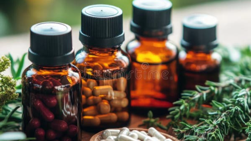 supplement bottle with label and herbs background