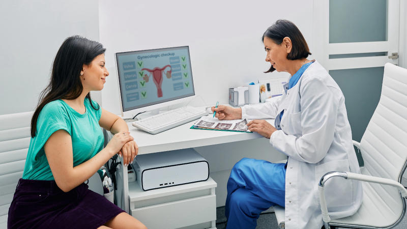 woman consulting with gynecologist about hormone health